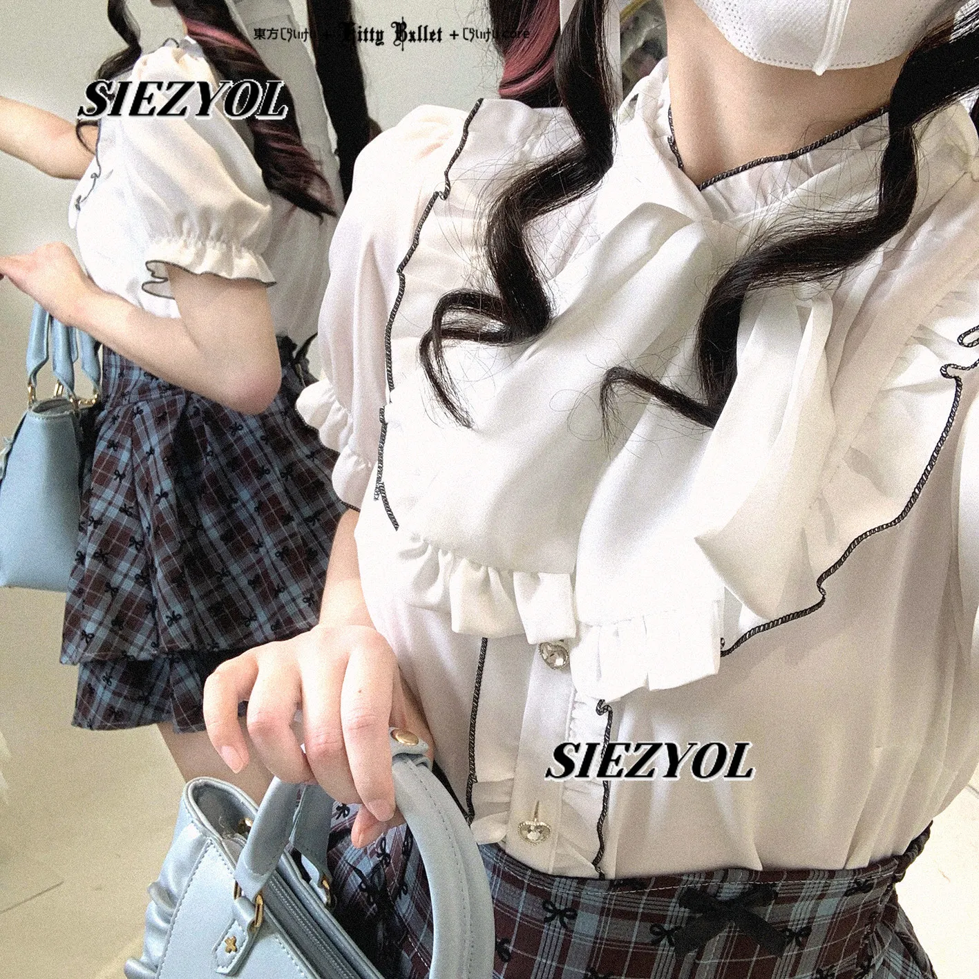 Original Short-sleeved Stand-up Collar Strap Single-breasted Shirt Summer New Blouse Sweet and Cute Girls Solid Color Tops