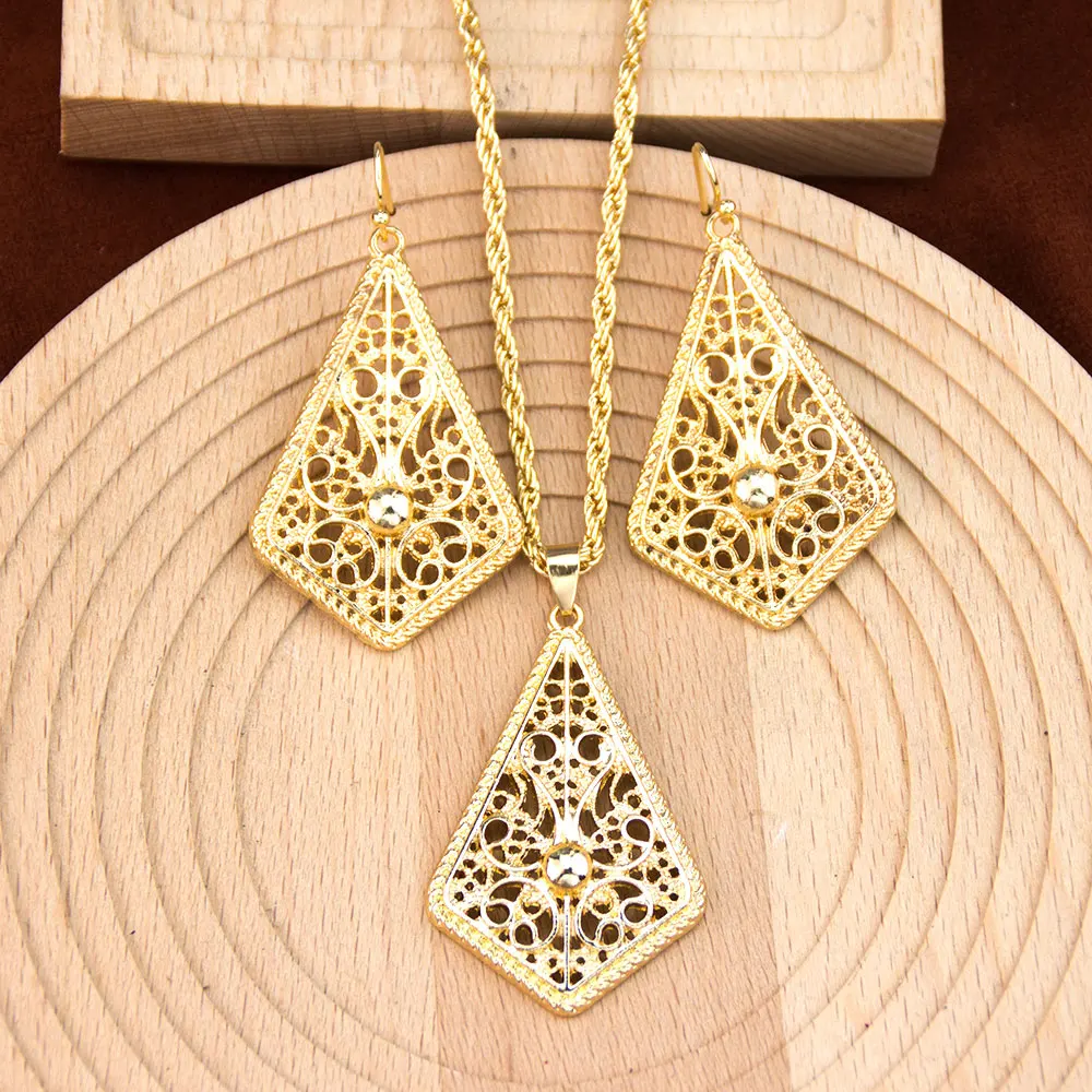 Sunspicems Chic Gold Color Arabic Women Earring Necklace Set Hollow Diamond Shape Pendant Middle Eastern Ethnic Design Jewelry