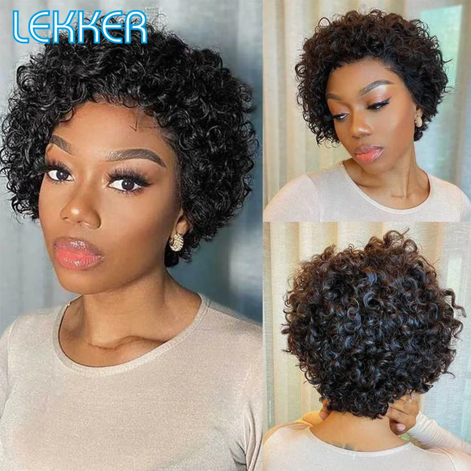 Lekker Rambut Manusia Bob Keriting Pendek Potongan Pixie 13X1 Wig Renda Transparan untuk Wanita Rambut Remy Brasil Telah Ditanami Warna