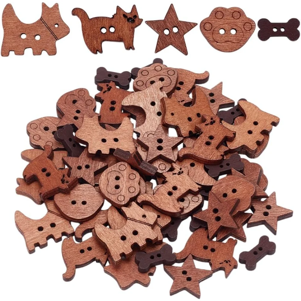 

75 Pcs Wooden Sewing Buttons 5 Styles 2-Hole Wooden Buttons Sta Paw Print Cat Skull Dog Shape Sewing Buttons making kit