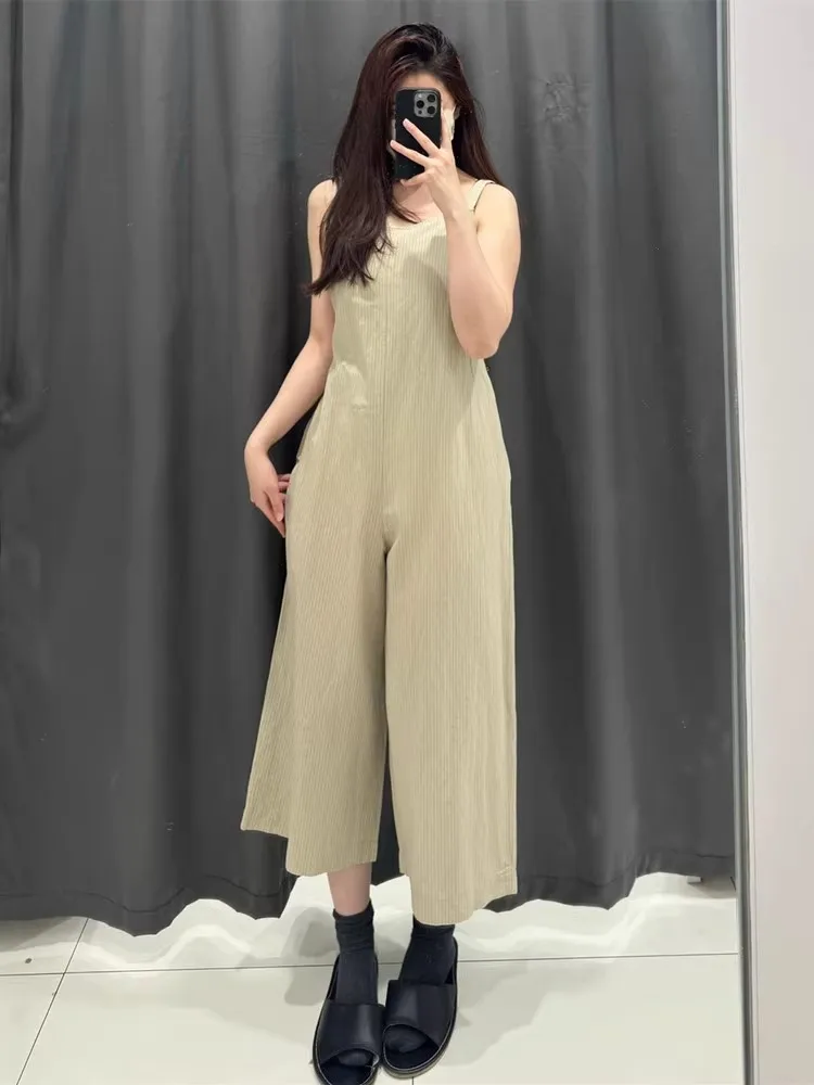 Summer 2025 Women's Loose Casual Stripe Mixed Linen Overalls High Waist Straight Leg Pants Comfortable Breezy Commute Sle