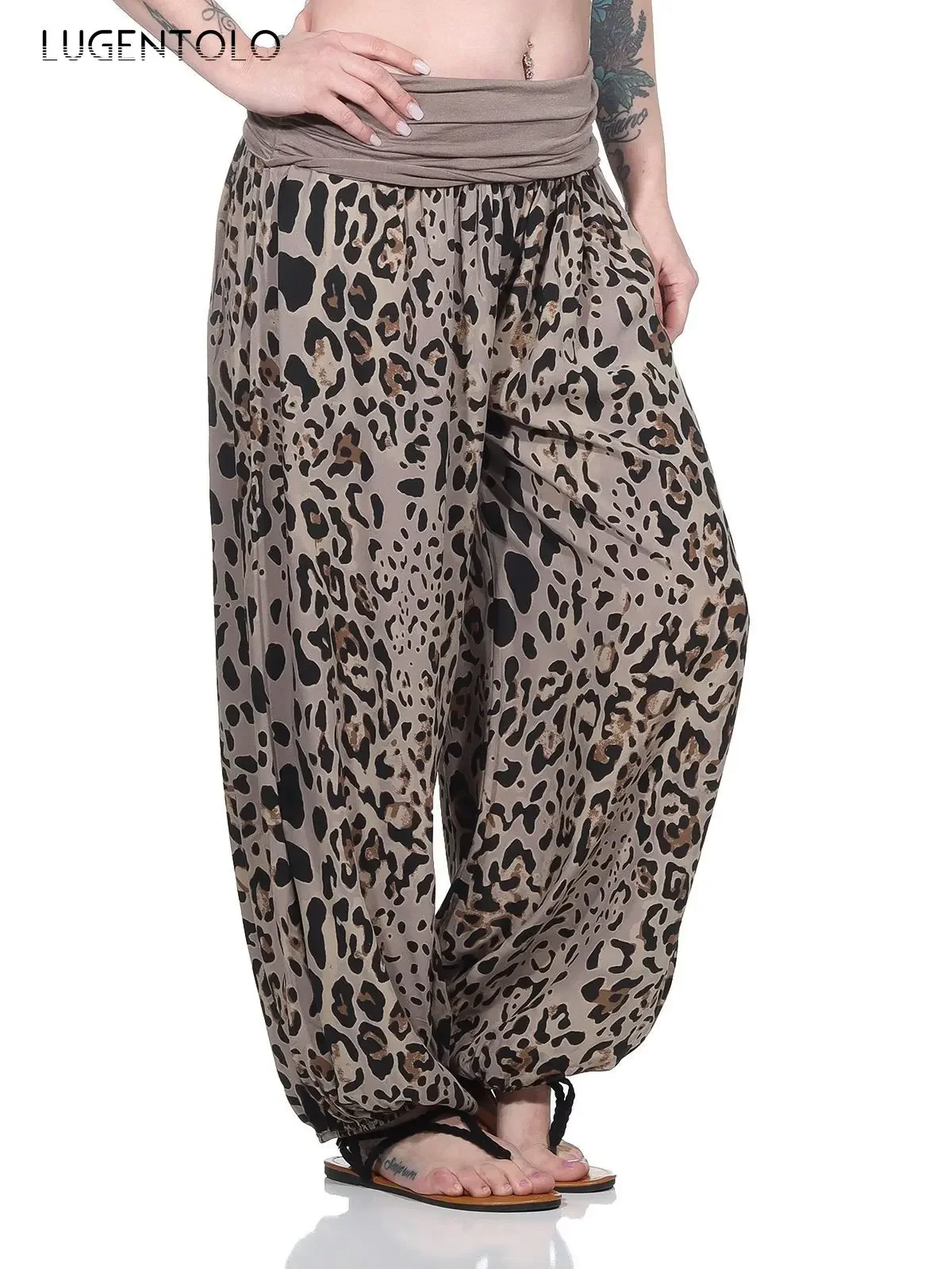 Women Leopard Print Harlan Pants Bohemia Casual Loose Elastic Summer Home Female Thin Large Size Comfortable Wide-leg Cloth