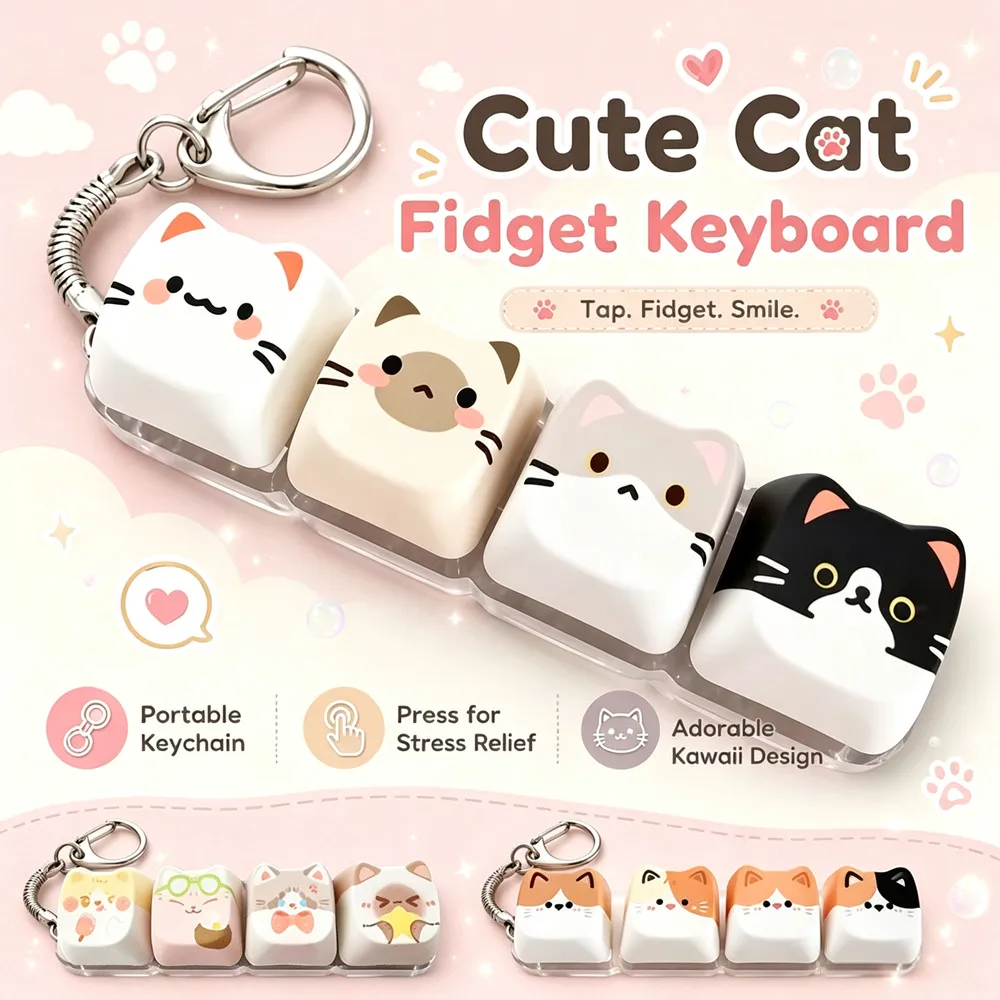 Niedlicher Katzen-Fidget-Tastatur-Schlüsselanhänger mit 4 Tasten, Mini-Stressabbau-Spielzeug, Kawaii Tragbarer Fidget-Anhänger, Geschenk für Katzenliebhaber – Detail 1
