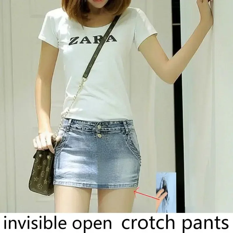 Open-Crotch Pants Denim Short Culotte Female Double-Headed Invisible Zipper Short Pantskirt Full-Open Type Sex Straight into