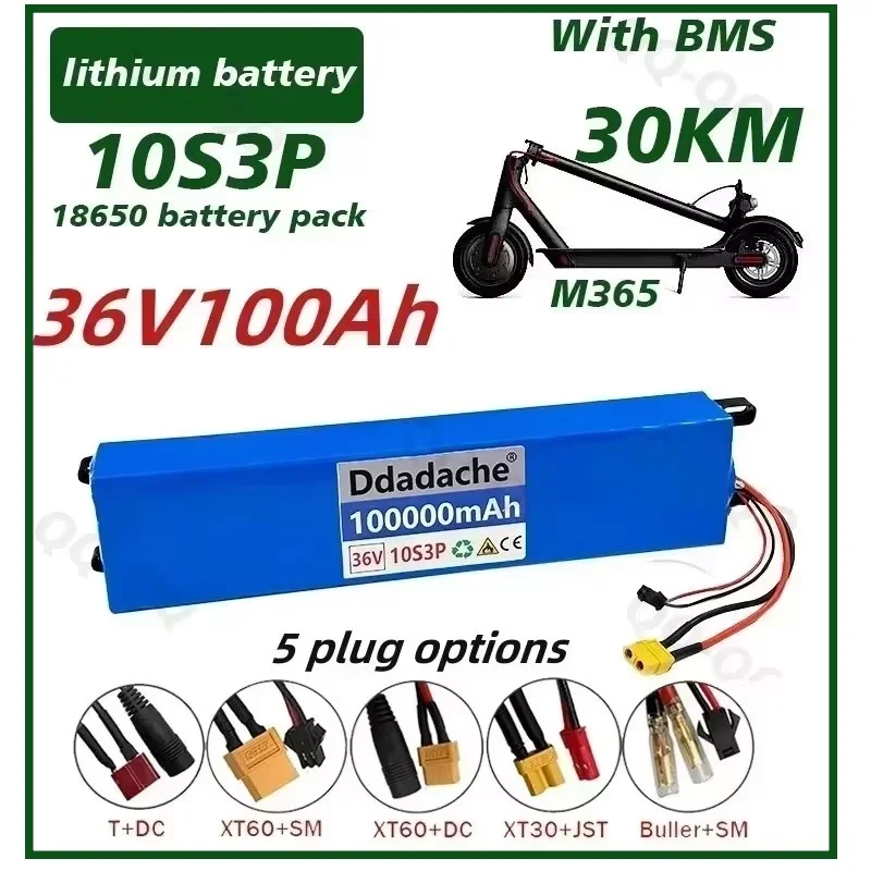 NEW 36V 100Ah 18650 Rechargeable Lithium Battery Pack 10S3P 500W High Power Modified Bicycle Scooter Electric Vehicle with BMS