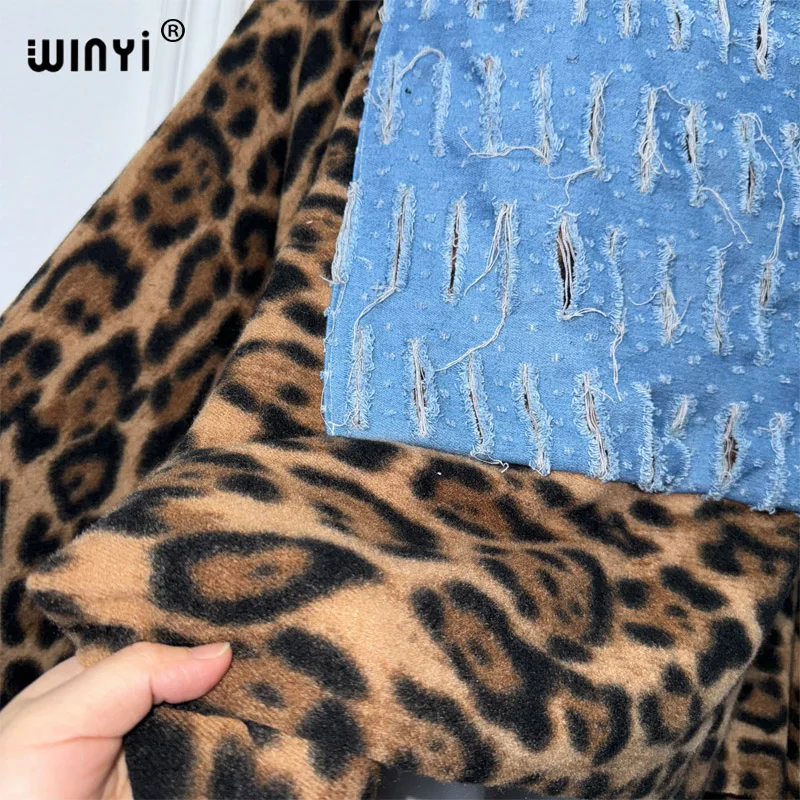 WINYI Ursprung Leopard Winter Denim Patchwork Mode Urlaub Kleid Poncho Top Party Ponchos für Frauen Mantel Maxi Oberbekleidung