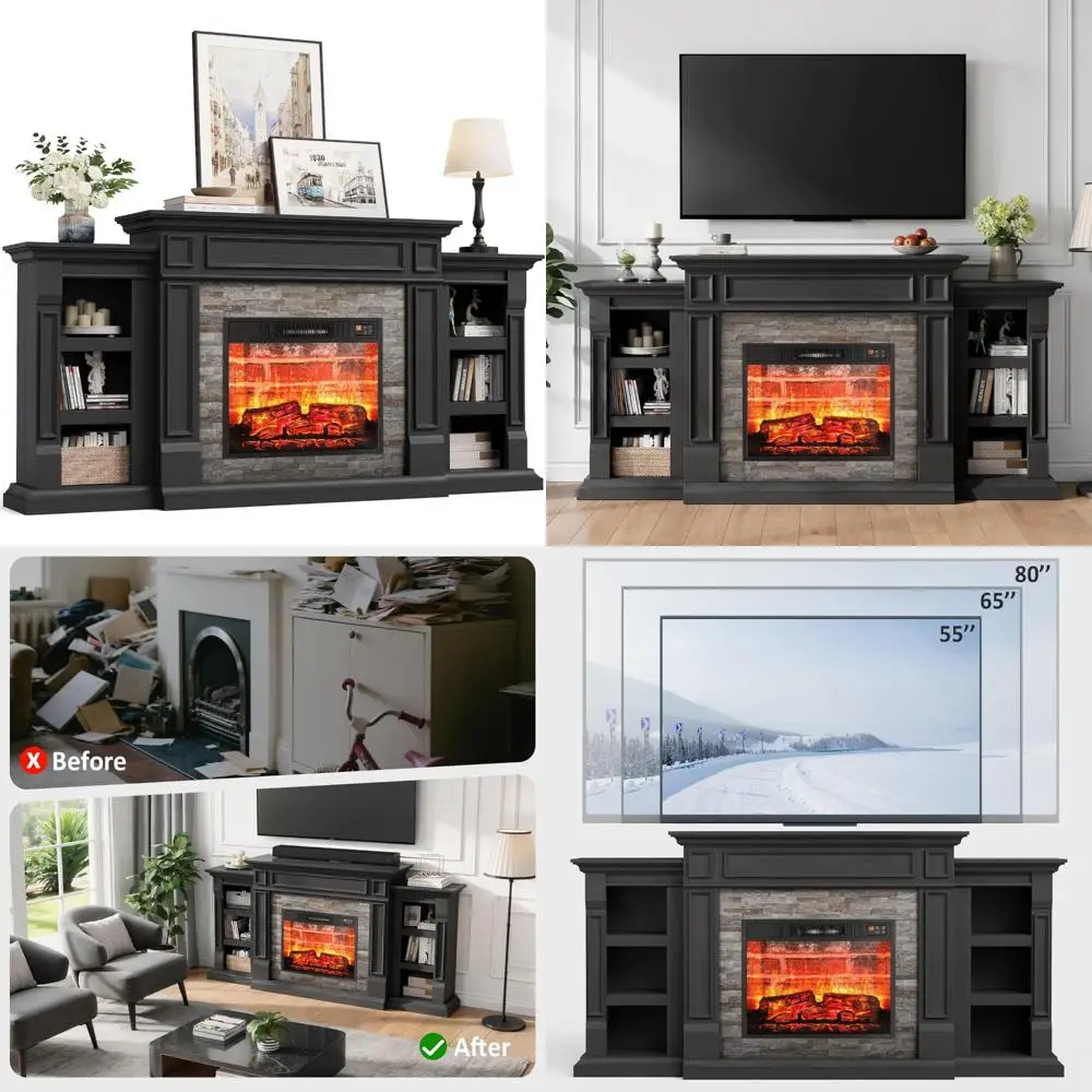 Chimenea eléctrica con repisa y gabinetes, mueble para TV para salón o dormitorio, con diseño de piedra apilada