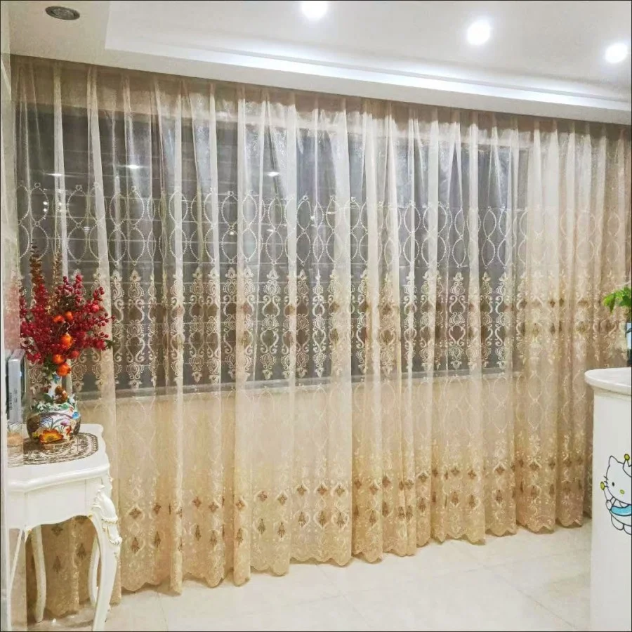 Upscale Curtains for Bedroom Luxury European Finished Curtains Fabric Embroidered Beige Tulle Cortinas For Living Room M072&C