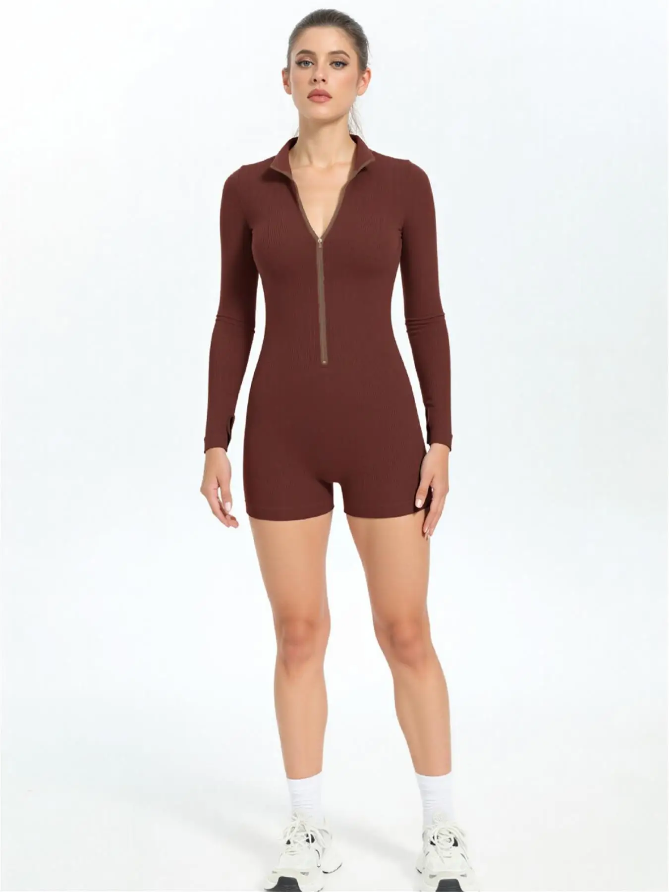 Seamless body-shaping solid color ribbed stand-up collar long-sleeved jumpsuit, women's running sports zipper yoga fitness suit