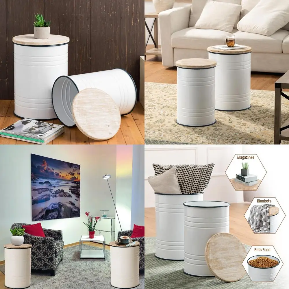 

Set of 2 Round Metal Farmhouse Accent Tables for Living Room with Storage