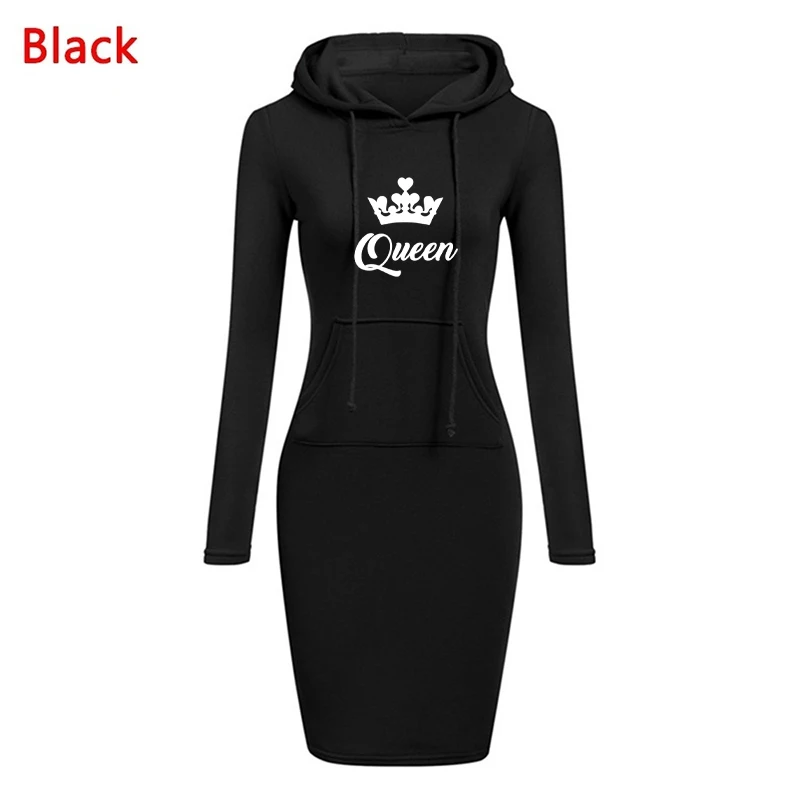 Abiti al ginocchio stampati Queen da donna caldi Abiti slim con cappuccio Abito con cappuccio solido Manica lunga Abiti vintage femminili alla moda