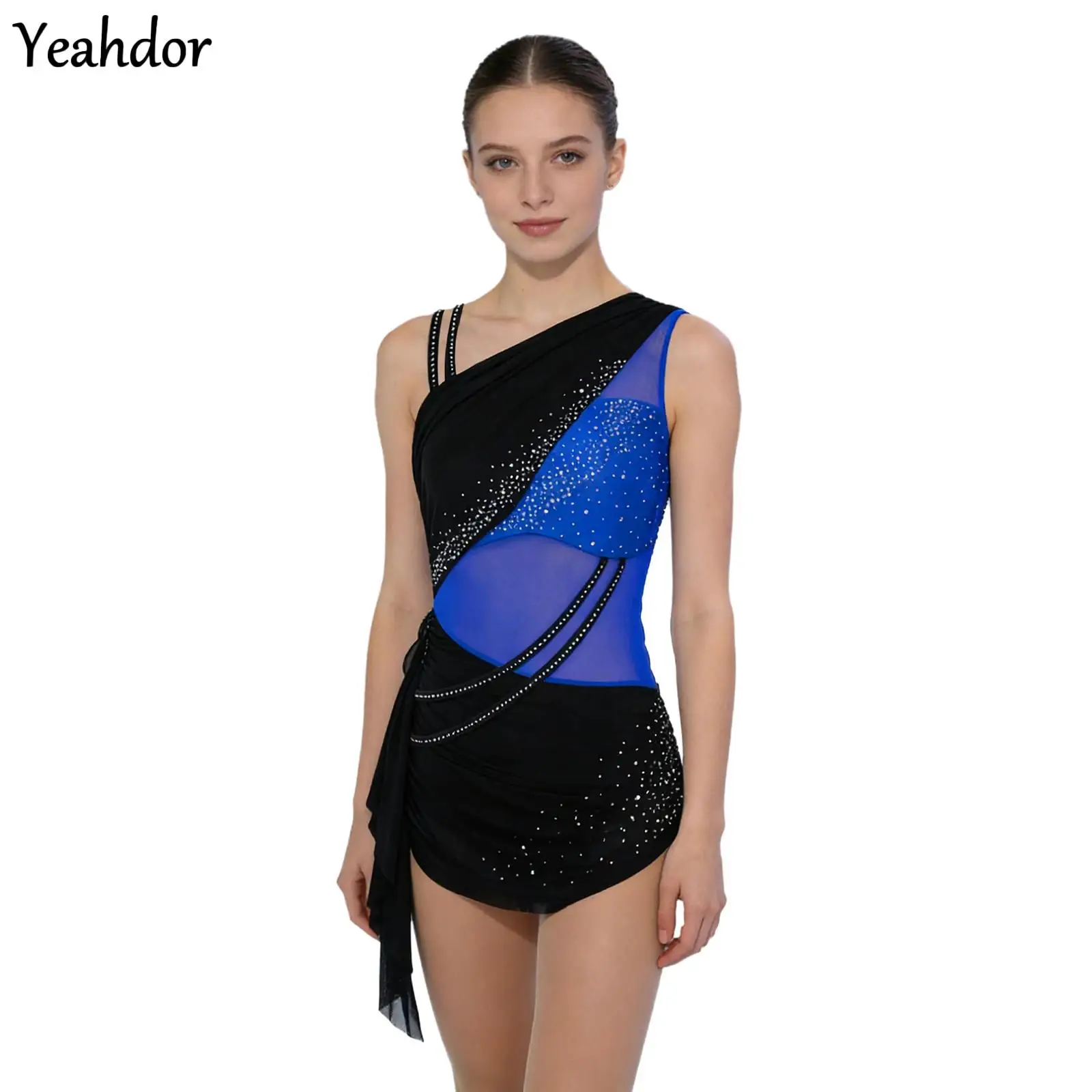 

Women Ballet Gymnastics Leotard Color Block Figure Skating Bodysuit Asymmetrical Shoulder Rhinestone Ruched Skirt Latin Jumpsuit