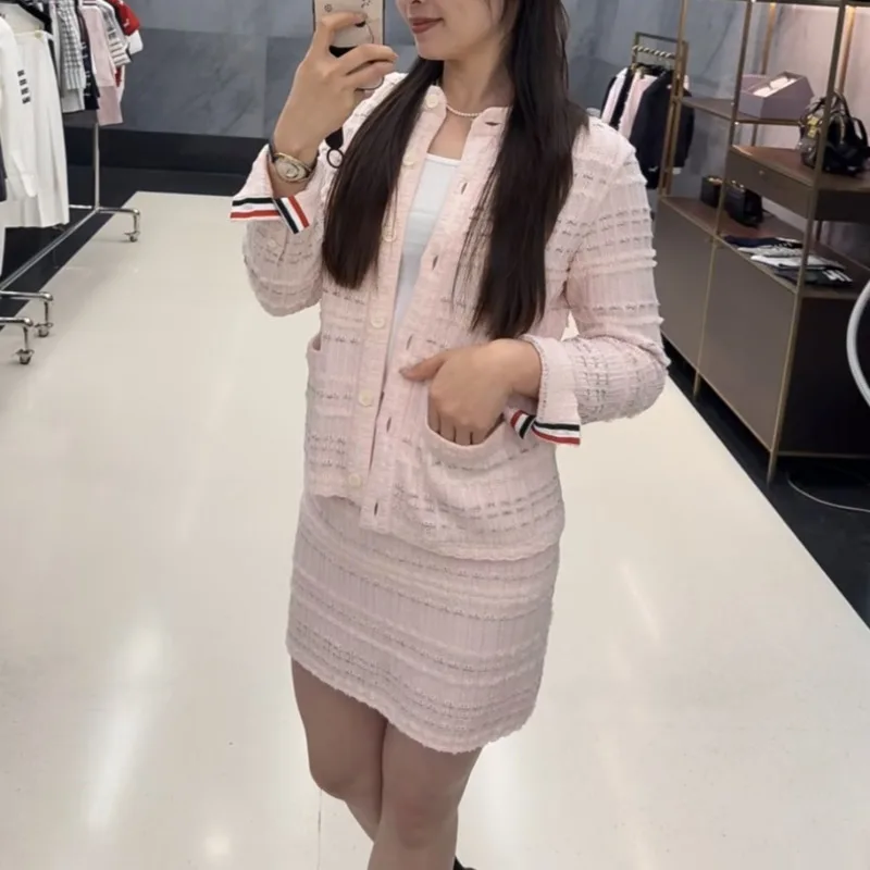 CHUJIE Frühherbst 2025 TB Set im akademischen Stil, Blasengarn und Tweed-Strickjacke und Rock, 2-teiliges Set, jugendliches schickes Outfit