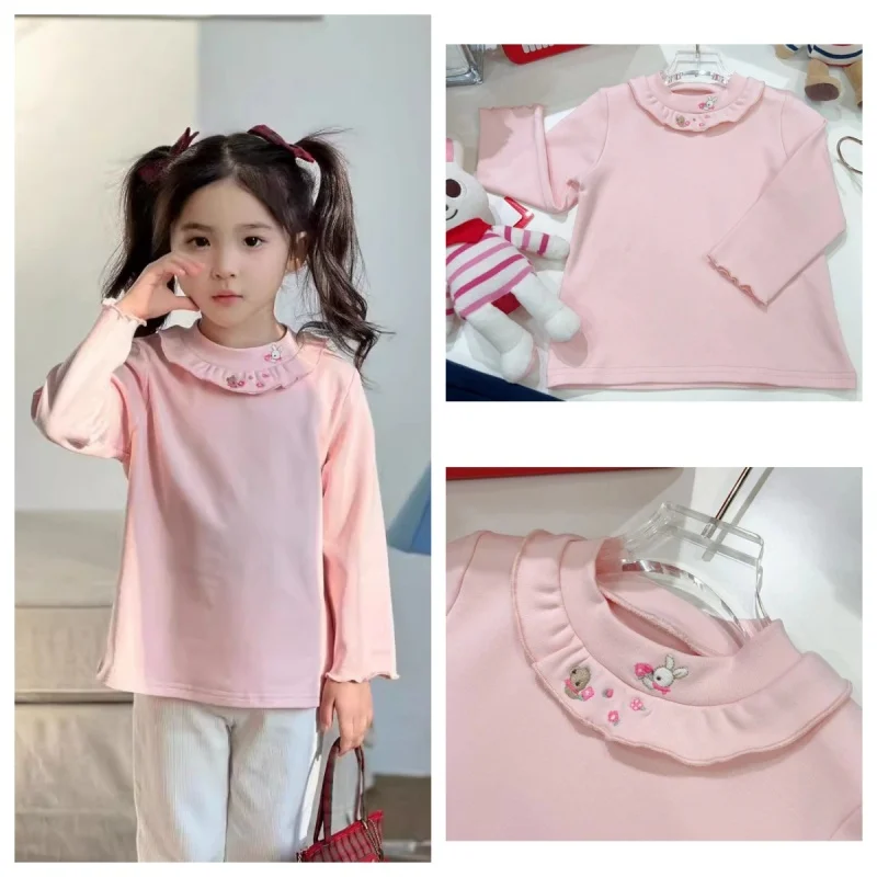 Herfst Japanse Meisjes T-shirts Met Lange Mouwen Katoen Bunny Roze Half Hoge Hals Innerlijke Tops Meisje T-shirt Koreaanse Meisjes Kleding