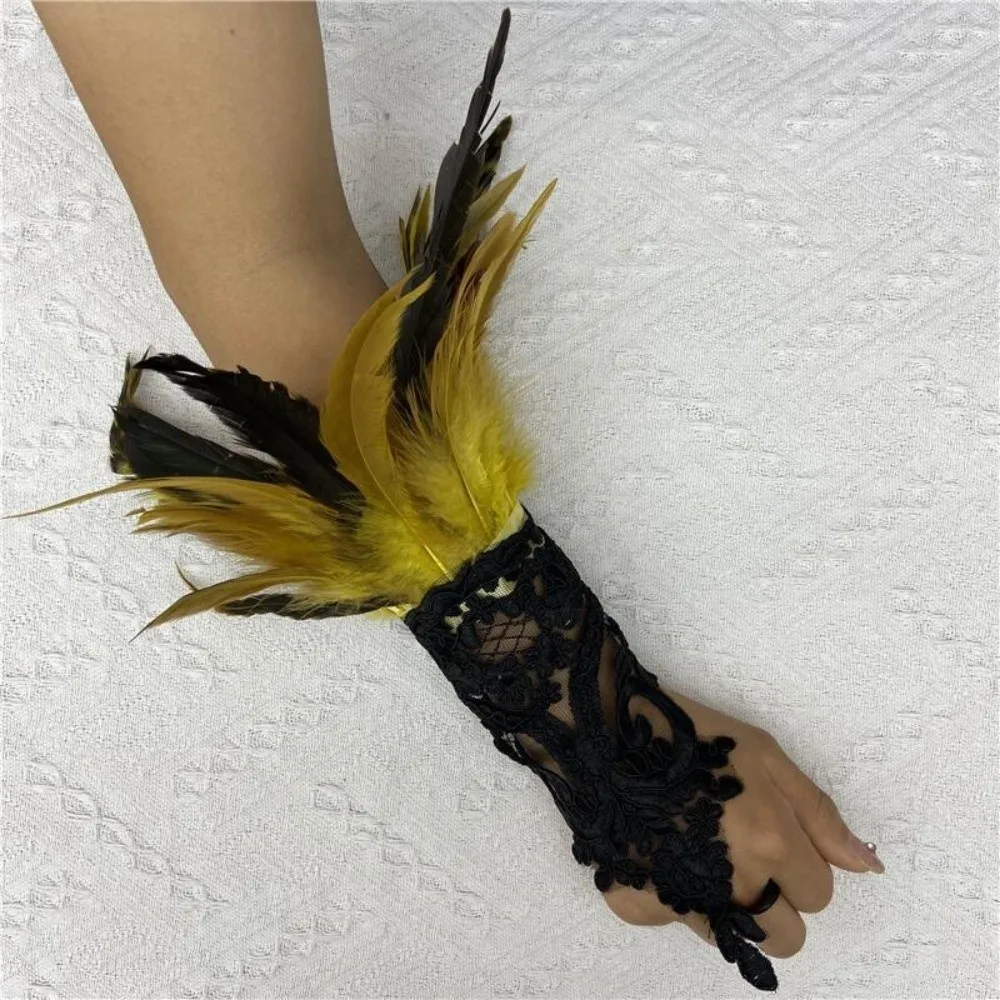 

Wristband Halloween Feather Gloves Embroidery Retro Feather Lace Glove Gothic Dark Women Halloween Cuffs Wrist Accessories