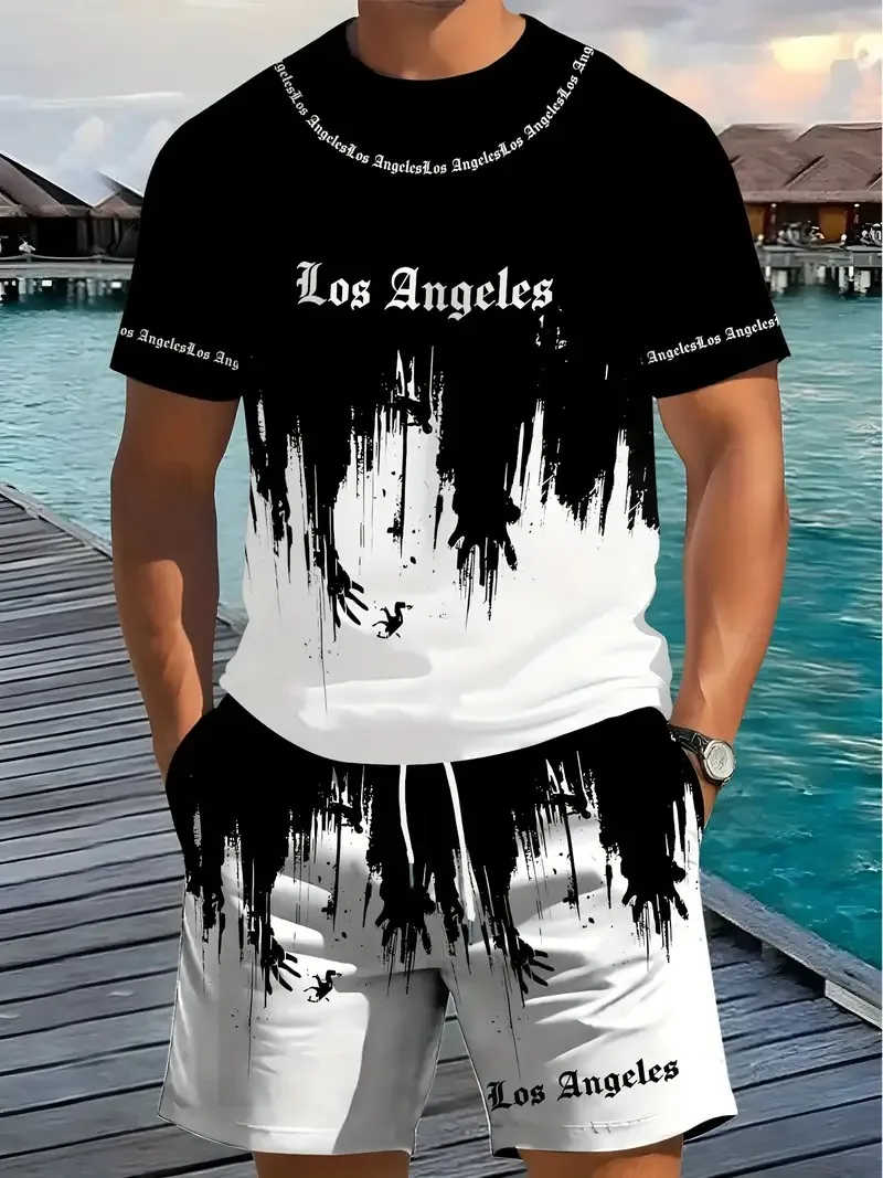2025 3D Gradient Printed Sports Fashion Short Sleeved Two-piece Set Summer New Men's Shorts T-shirt Set