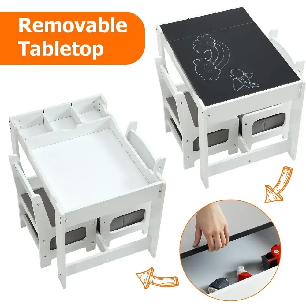 table set, 3-in-1 kids activity table with storage, detachable tabletop, chalkboard, 3-piece toddler furniture set