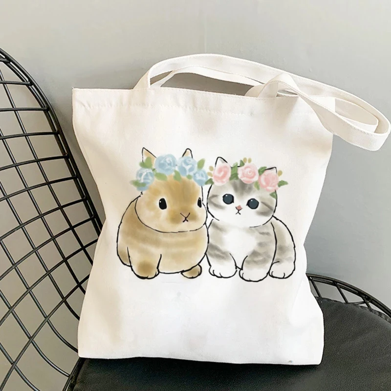 Bolso de compras de lona para mujer, bolsa Kawaii con estampado de gatos divertidos, Harajuku, de hombro, 2022