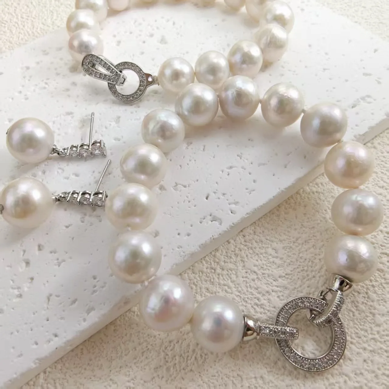 Fashion AAA9-10mm Natural South Sea White Pearl Bracelet 7.5-8in+Same Earrings 925s- Can be sold separately