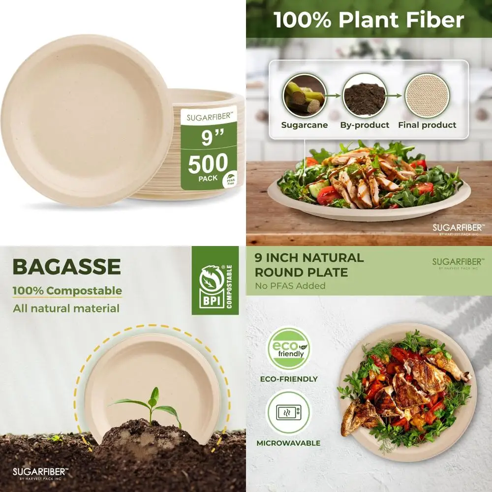 

Компостируемые 9-дюймовые круглые сверхпрочные бумажные тарелки из натуральной сумки, одноразовые, без PFAS, подходят для пакета урожая, экологически чистые