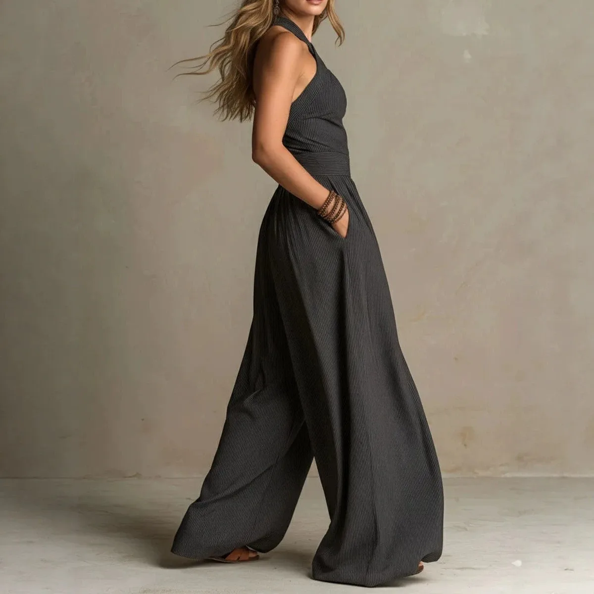 

Women's Solid Color Halter Neck Jumpsuit Cross Front Ribbed Knit Wide Leg Romper Beige Navy Blue Casual Comfortable Rompers