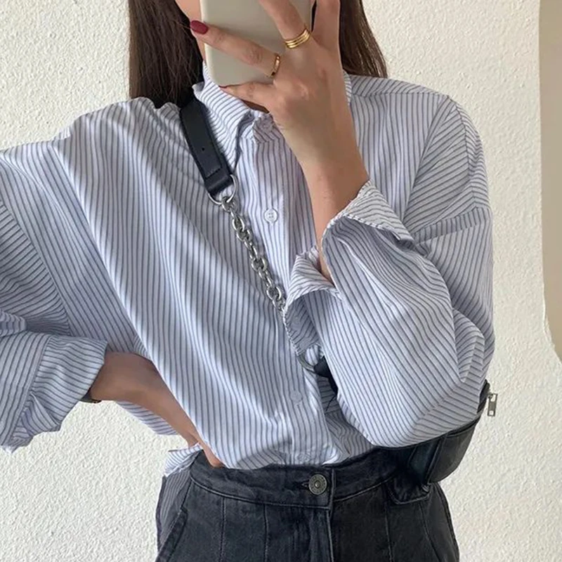 Striped Shirt Women Summer New Fashion Elegant Loose Long Sleeve Top Korean Casual Office Ladies Turn Down Collar Blouse