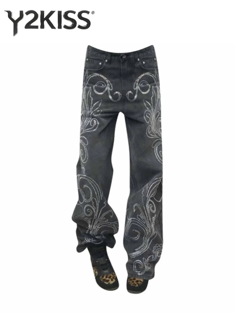 Women's Denim Pants Y2K Baggy Jeans Japanese Gothic Bootcut Jeans Grunge Dark Academia Harajuku Cowboy Chic Designer Aesthetic