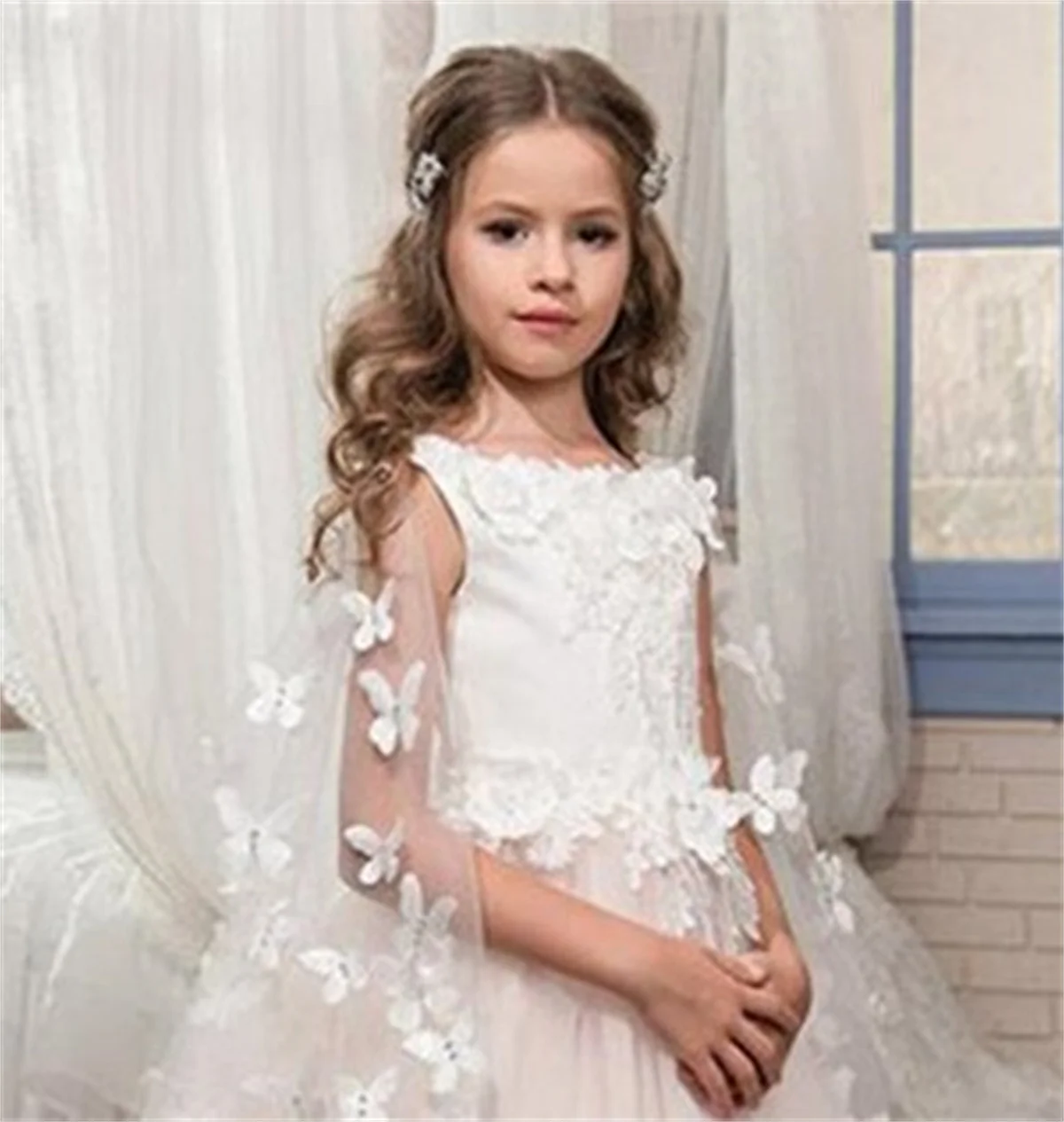 Birthday Wedding Flower Girl Dress Detachable Shawl Light Pink Tulle Lace Applique Sleeveless First Communion Wedding Gown