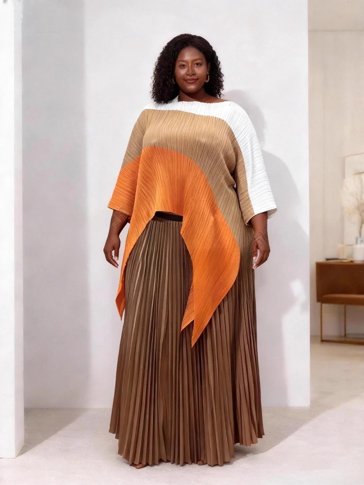 

2025 Autumn New Miyake Pleated Loose Suit Printed Irregular Top + Skirt Two-piece Set for Women