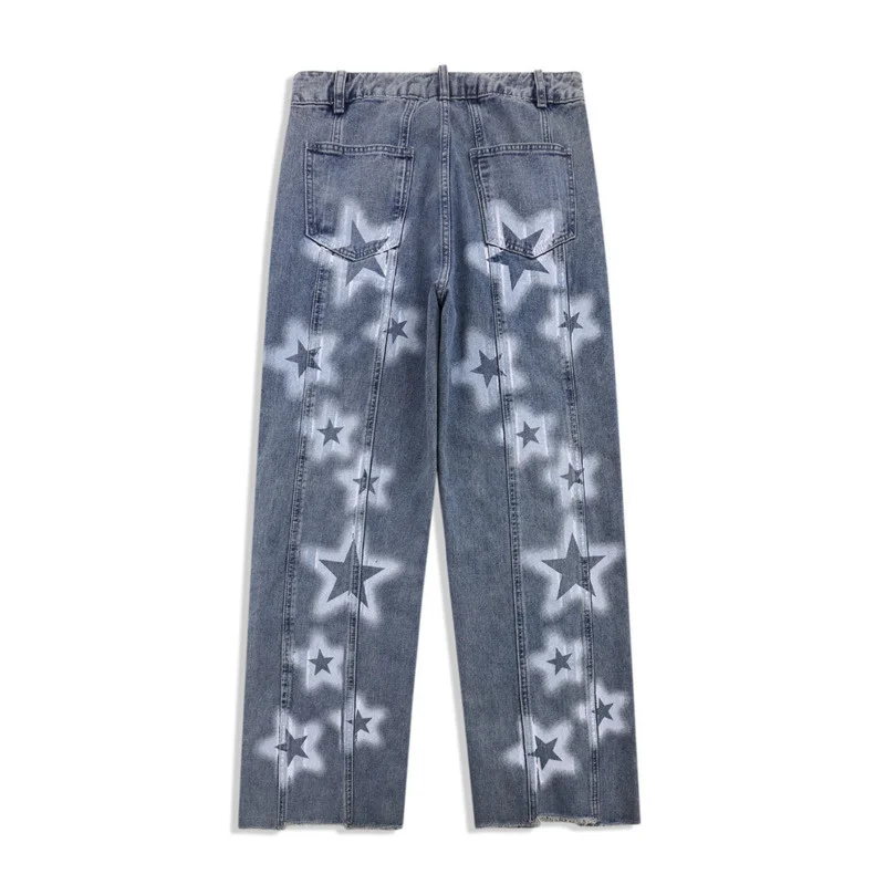 High Men's Street Water Wash Jeans Straight Mid Waist Star Printing Long Pants 2022 New Spring Cut Design Denim Trousers