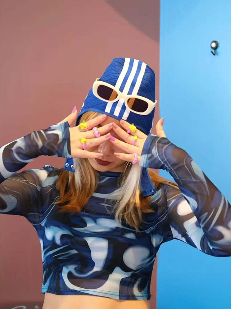 

Модные женские укороченные топы 2025, сетчатая прозрачная футболка с круглым вырезом и длинными рукавами, пуловеры, сексуальная уличная одежда, топы Y2K Harajuku