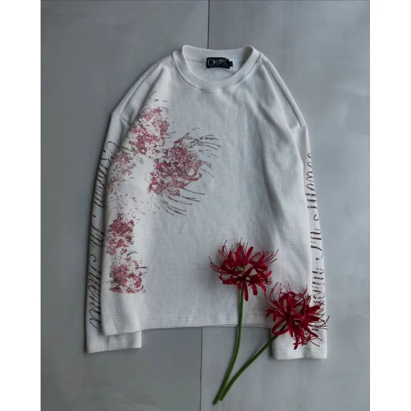 Waffle Knit Long Sleeve T Shirt Floral Graphic Print Casual Men Women Streetwear Fashion Apparel Comfortable Breathable Top