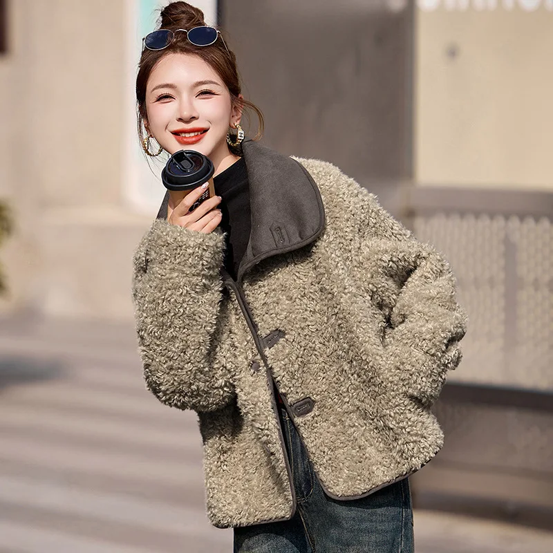 2024 Korean style lapel, two sided lambskin fur one-piece coat, women's suede warm top, deer suede motorcycle suit