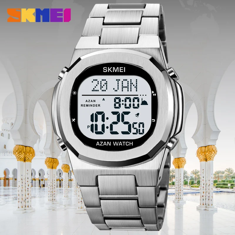 SKMEI Luxury Stainless Steel Muslim Azan Digital Men Watches for Prayer with Qibla Compass Adhan Alarm Hijri Islamic Wristwatch