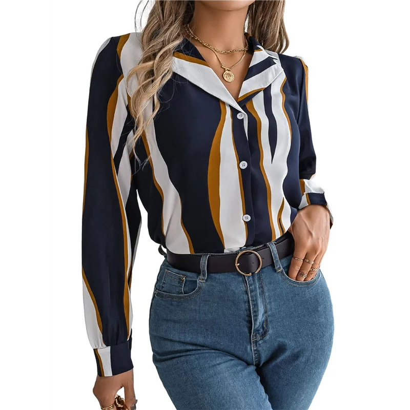 

【SEE】Women's 2025 Casual All-Match Contrast Color Striped Suit Collar Long-Sleeved Shirt Tops