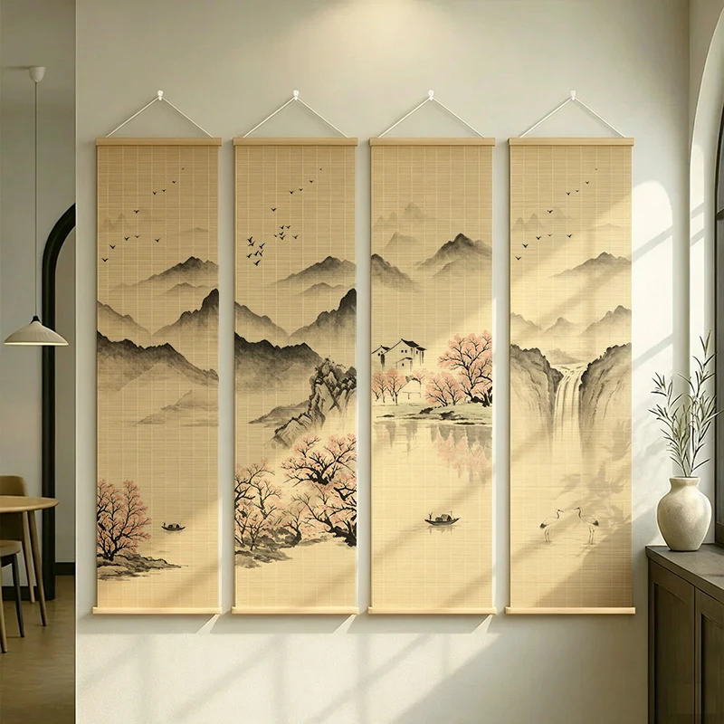 Paintings Spring Autumn Bamboo Scroll Wall Decor Natural Linen Aesthetic Zen Minimalism UV Printed for Rooftop Cafe Yoga Studio