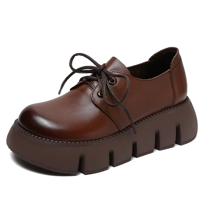 ZXRYXGS British Style Top Cowhide Women Leather Shoes Platform Elevator Shoes 2025 New Lace-up Round Toe Temperament Trend Shoes