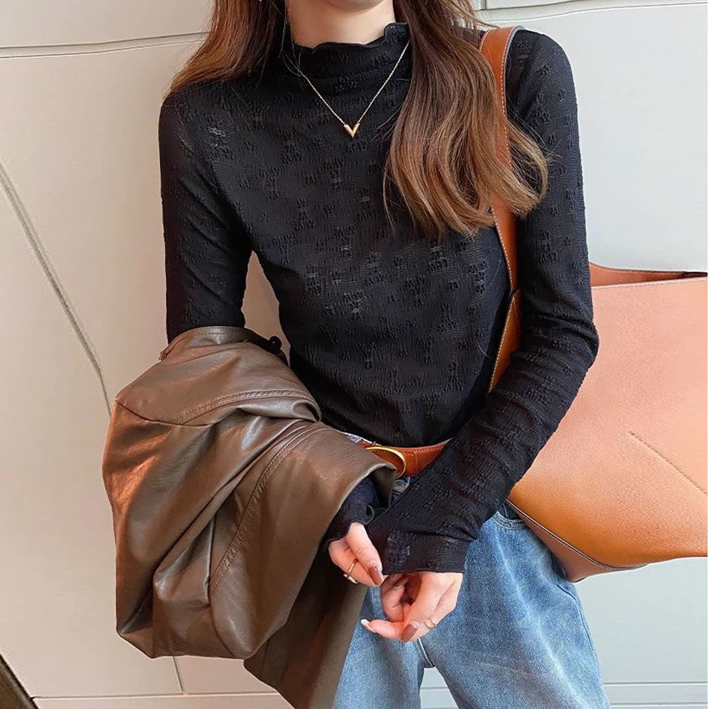 Y2K 여성 티셔츠 시스루 투명 메쉬 탑 긴팔 시어 카와이 여성 하프 하이 칼라 티셔츠 솔리드 슬림핏 귀여운