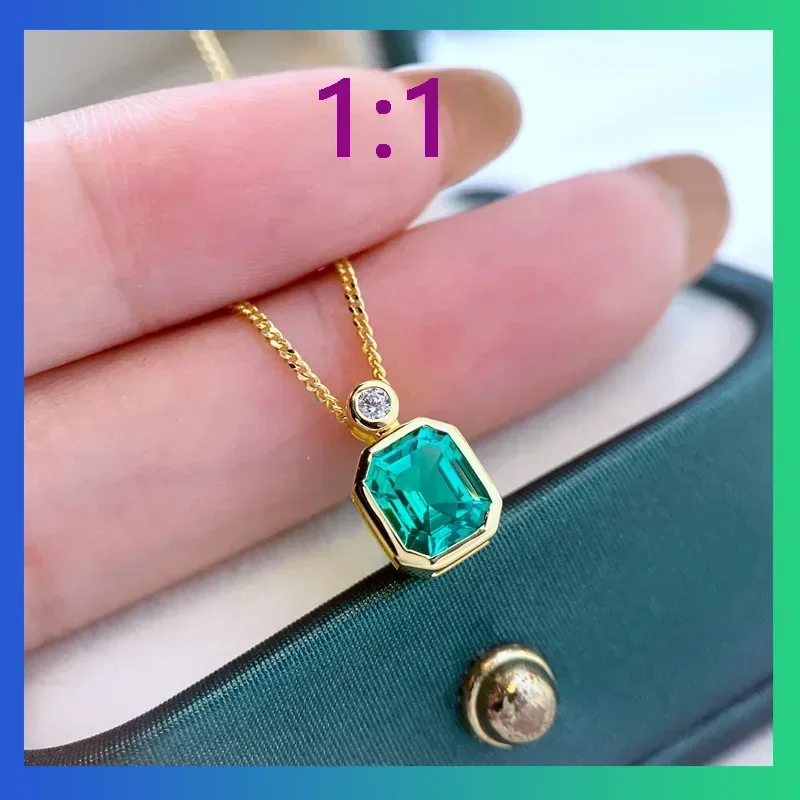 S925 Sterling Silver Inlaid Emerald Square Necklace Pendant, Sweet and Light Luxury Style Women's Necklace