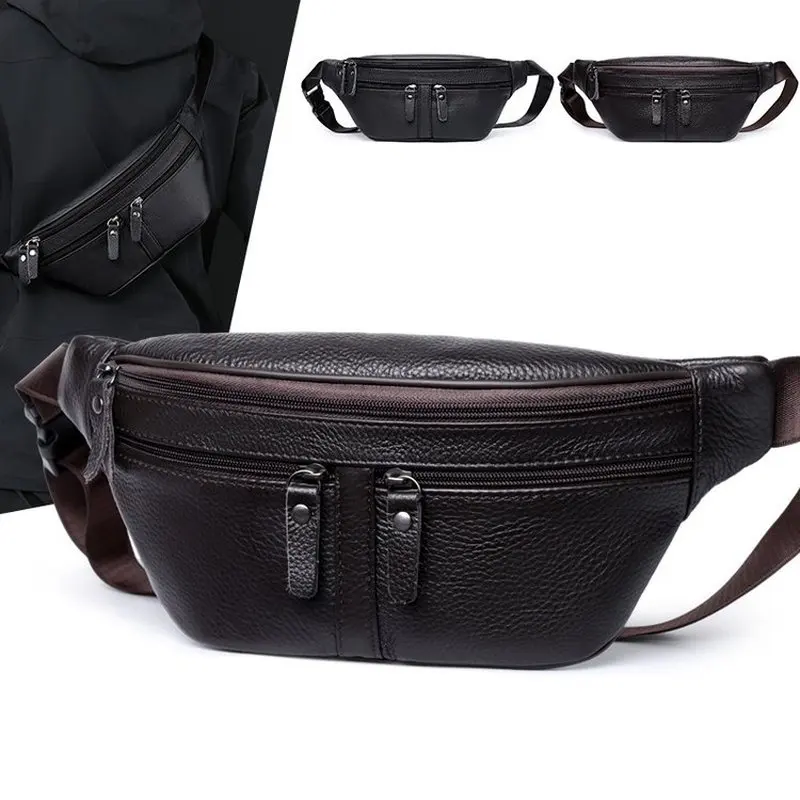 cowhide Leather Fanny Pack for Men Crossbody Chest Bag Waterproof Sling Bag with Multiple Zippers Travel Hiking Daypack