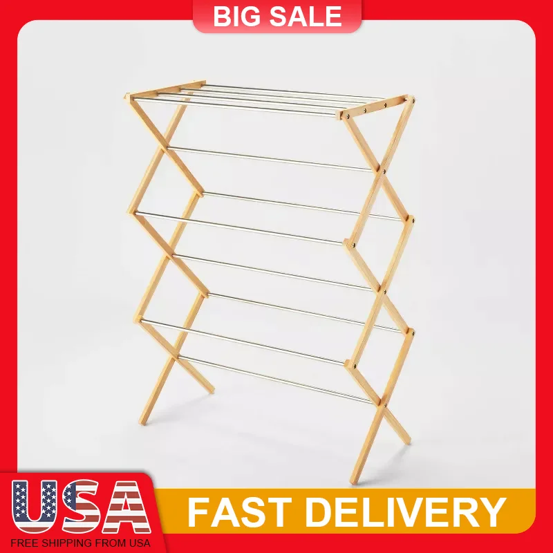 

32 Feet Foldable Drying Rack Stainless Steel Rubber Wood Laundry Rack Clothes Drying Stand Garment Airer Space Saving Storage