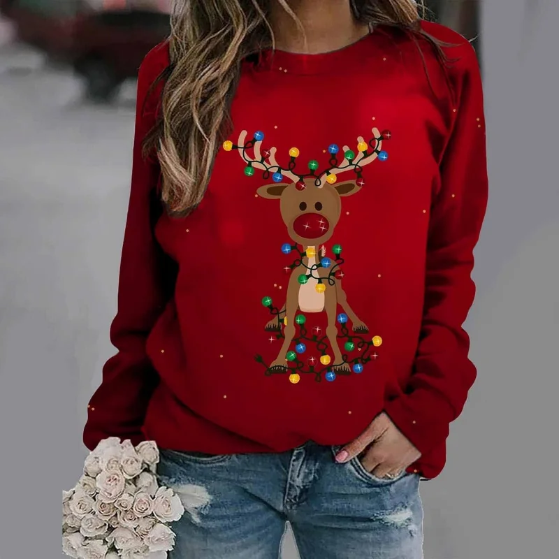 Women's Christmas sweatshirt reindeer snowflake round neck long sleeved plus size top