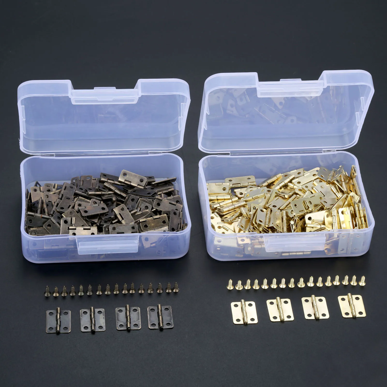 200Pcs 16*13mm Antique Bronze/gold Mini Hinges Retro Butt Hinges with 800pcs Screws and Storage Box Wooden Jewelry Box Decor