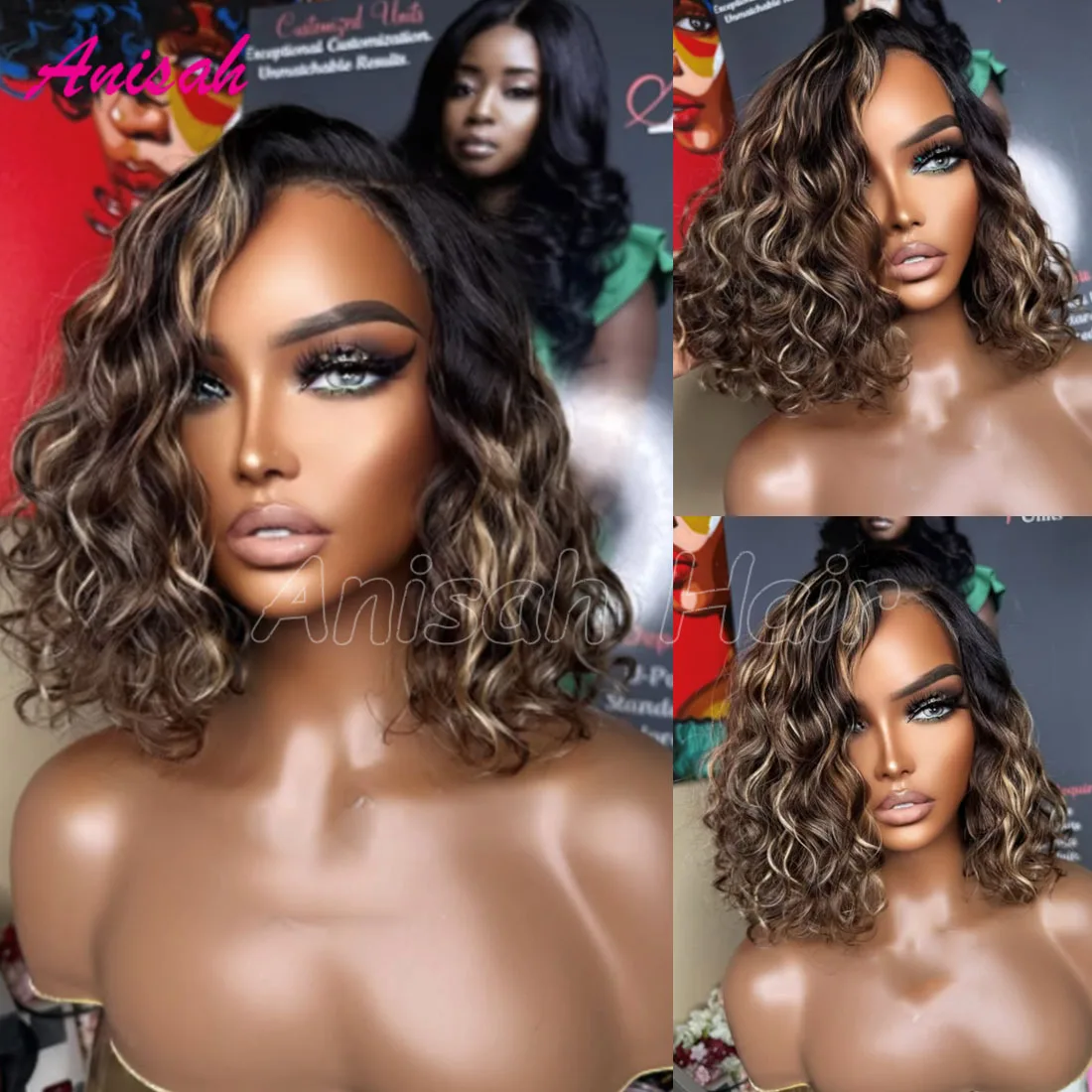 

Выделите вьющиеся короткие парики боб с волнистыми волосами, кружевной передний бесклеевой парик, бразильский кружевной фронтальный парик с омбре, цветные человеческие волосы, парик боб