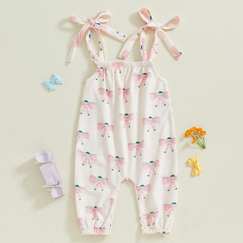 Baby Girl Summer Romper Bow Print Sleeveless Square Neck Tie-Up Spaghetti Strap Bodysuit