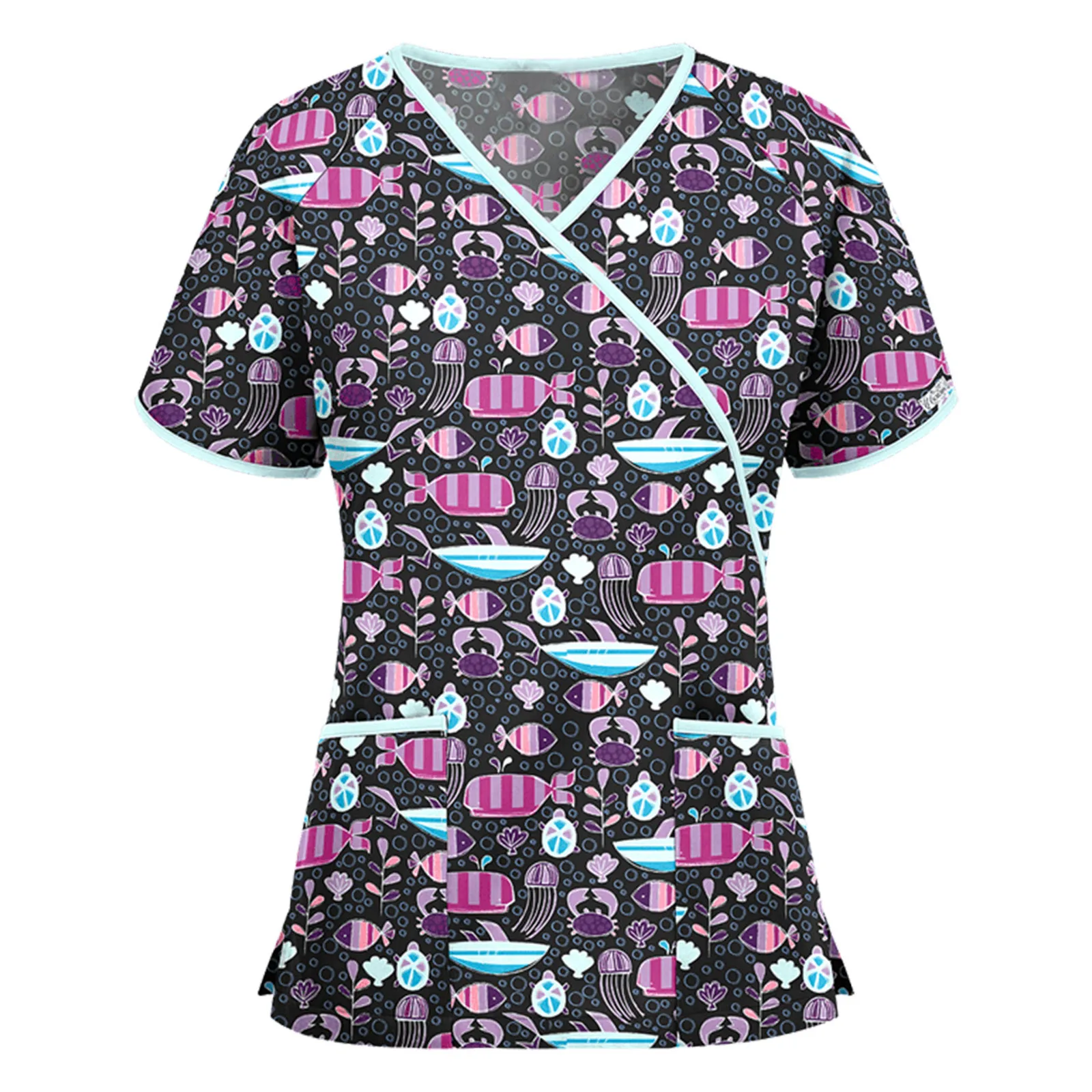 Ladies Nurse Uniform Short Sleeve V neck Workwear Cartoon Printed Working Uniform Woman Polyester Casual Nursing Blouse