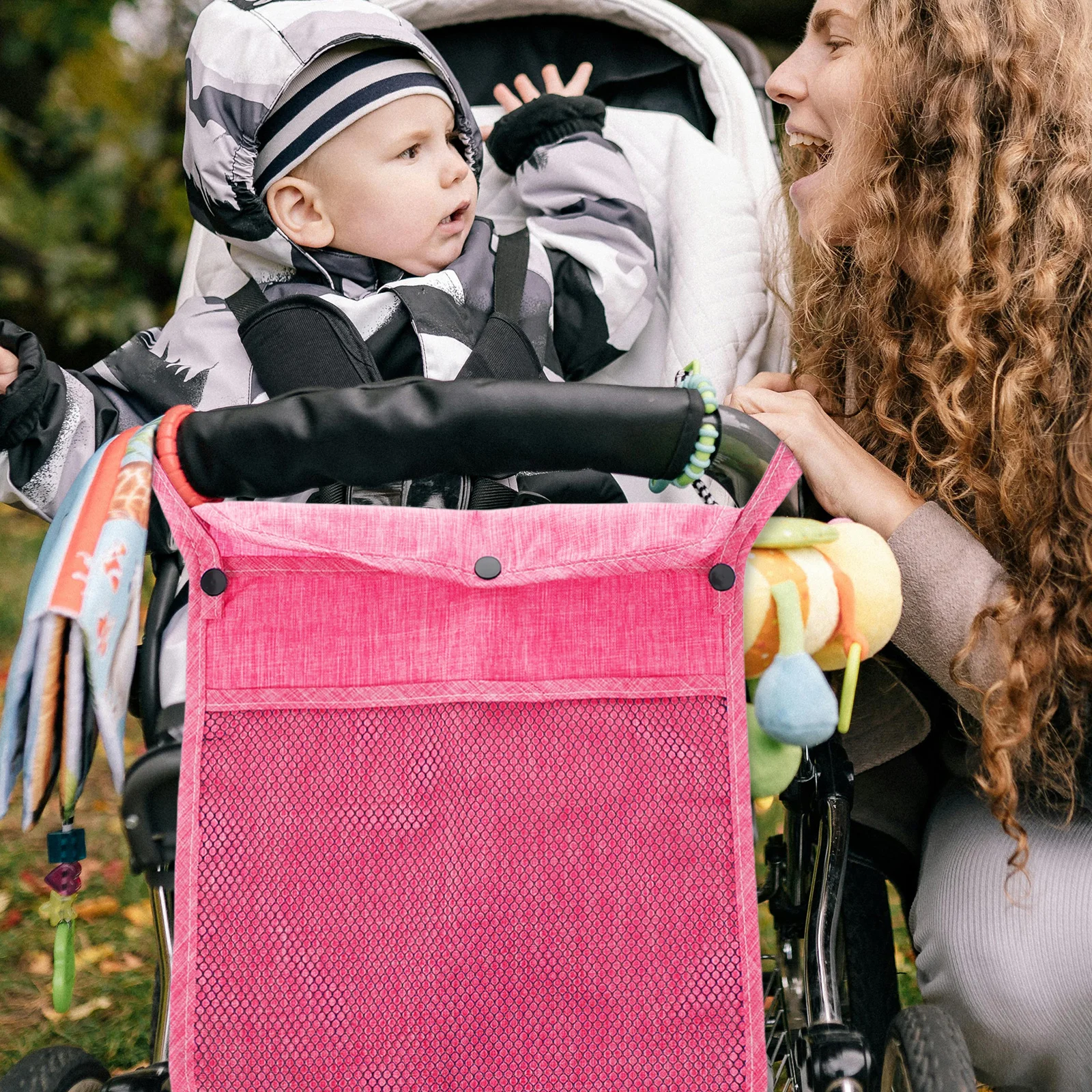 

Linen Baby Stroller Hanging Bag Large Capacity Diaper Organizer for on-The-Go Parents Universal Stroller Caddy Storage Mesh