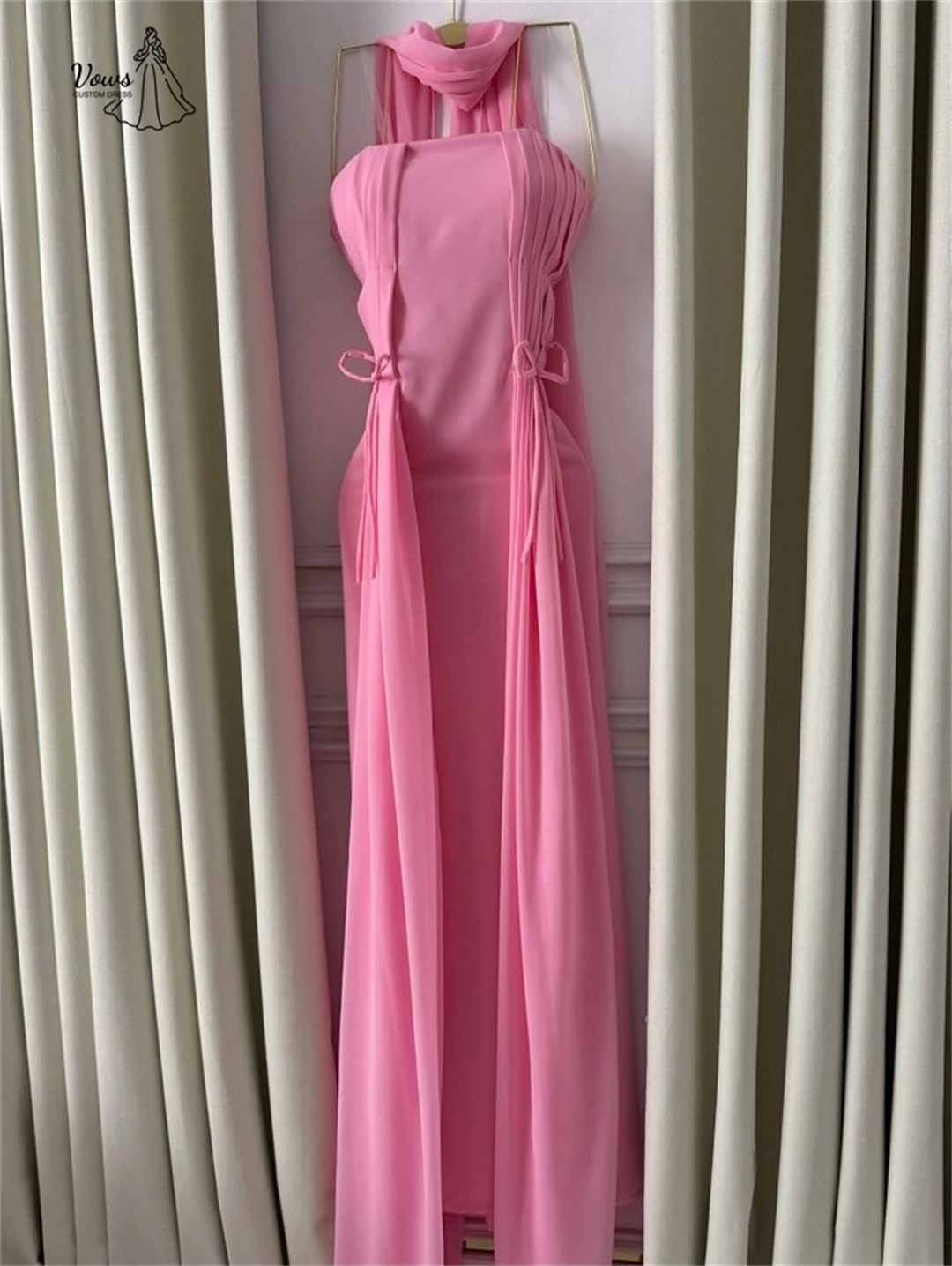 ชุดราตรีสั่งตัดพิเศษ ชุดเดรสหรูหรา ผ้าชีฟอง ชุดเดรสทรงเอ สำหรับ. ชุดเดรสงานแต่งงานผู้หญิง ผ้าริบบิ้นสีชมพู ชุดราตรีหรูหรา