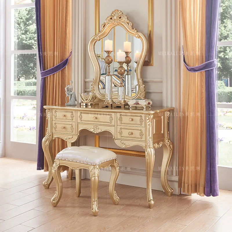 European-style Luxury Dressing Table Bedroom Solid Wood Carved Dressing Table and Mirror Makeup Vanity Table with Mirror