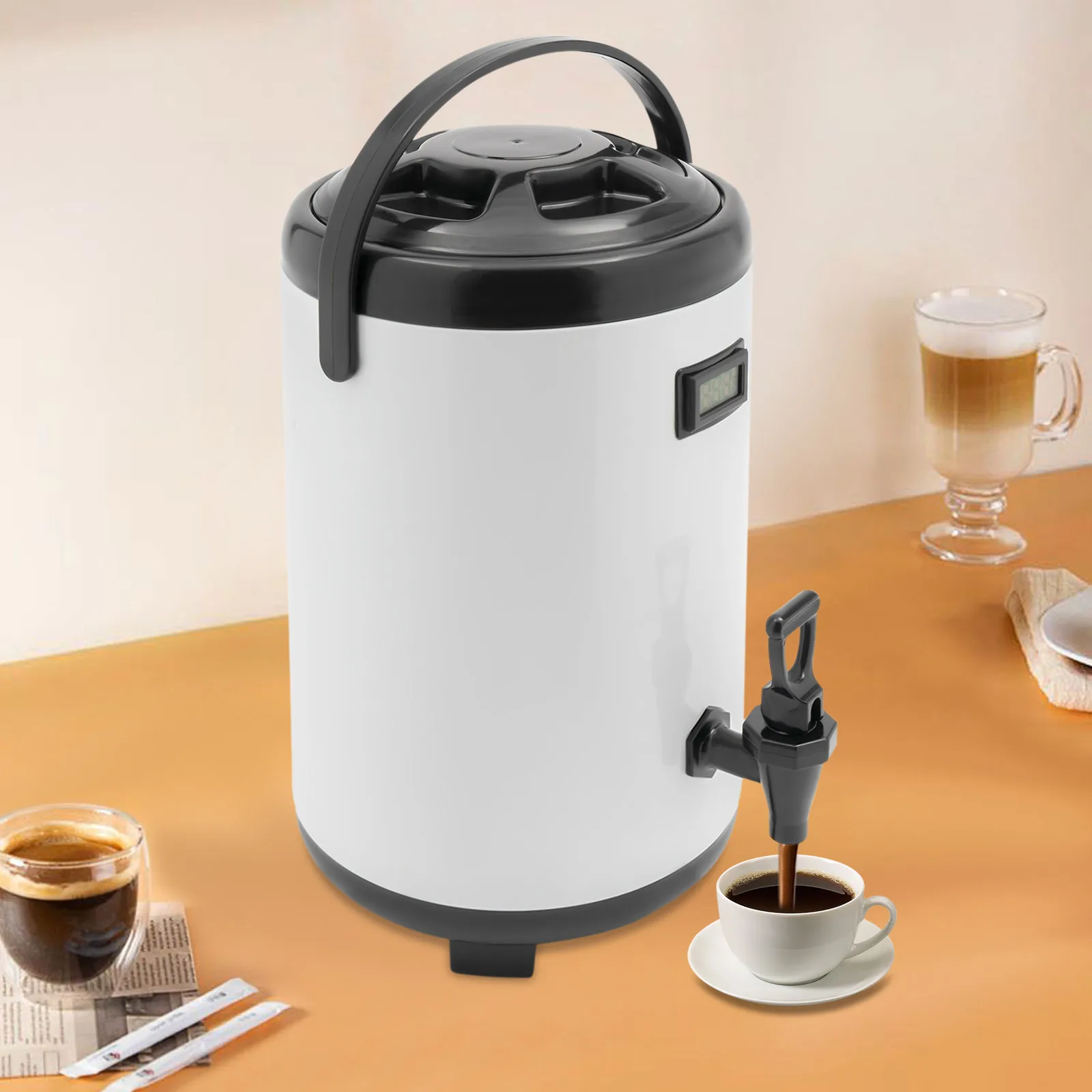 

10L Insulated Beverage Dispenser, Stainless Steel Insulation Barrel with Thermometer, White Backpack Style for Hot Cold Drinks